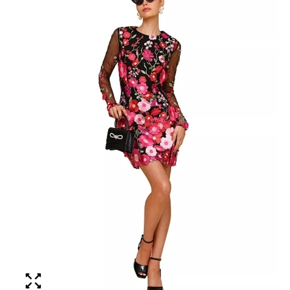 Avec Les Filles Dresses & Skirts - Avec Les Filles Black and Pink Floral Long Sleeve Dress